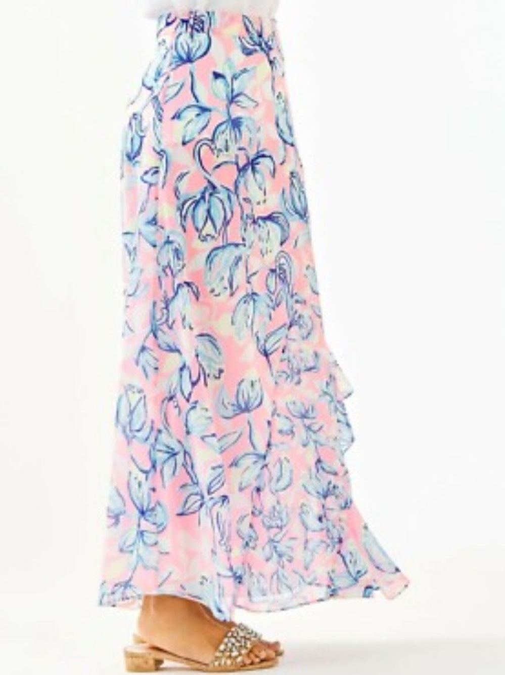 Lilly Pulitzer Pink Floral Maxi Skirt with Blue Leaves